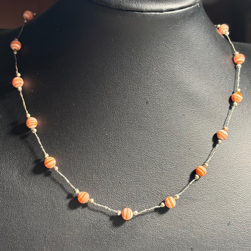 Vintage Sterling Silver Striped Glass Bead Station Necklace Agateā Style Boho